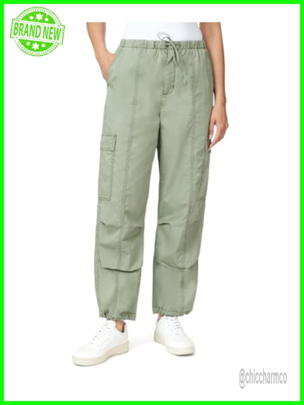 High-Rise Cargo Parachute Pants Drawstring Hem Deep Pockets Casual